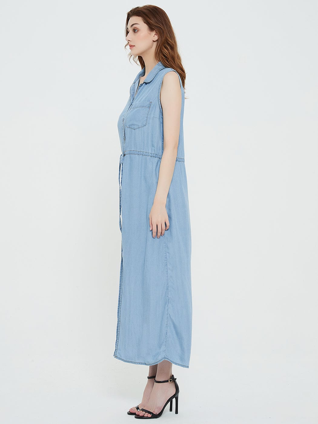 Adjustable Belt Sleeveless Button Down Denim Pocket Shirt Dress