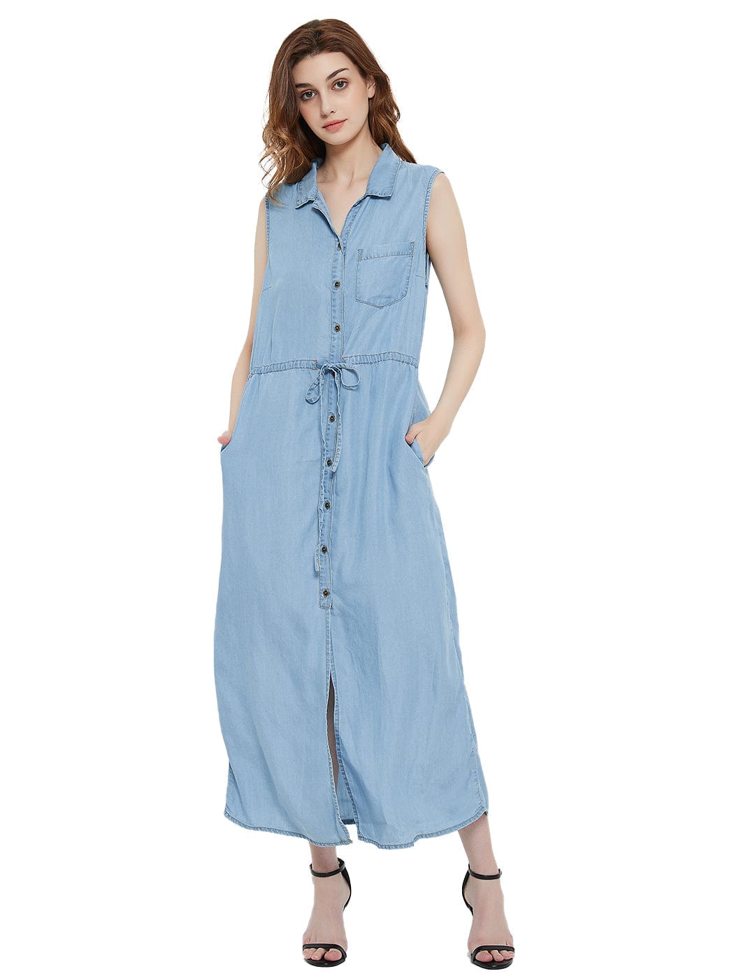 Sleeveless Denim Dress Womens With Tie Belt Button Down | Anna-Kaci   Anna-Kaci Wholesale