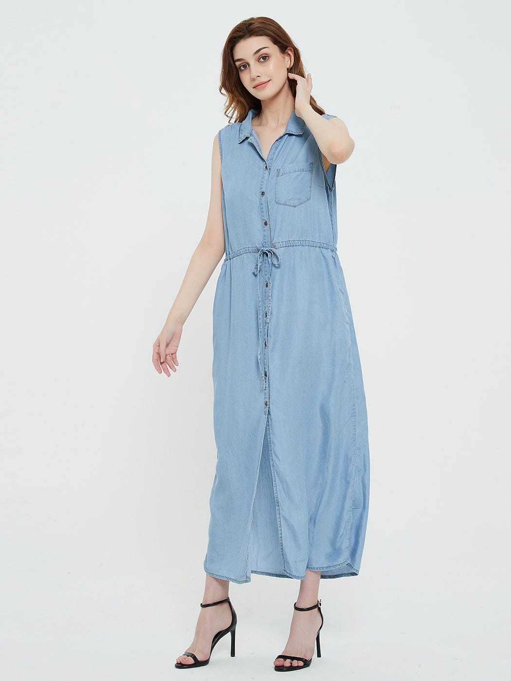 Adjustable Belt Sleeveless Button Down Denim Pocket Shirt Dress