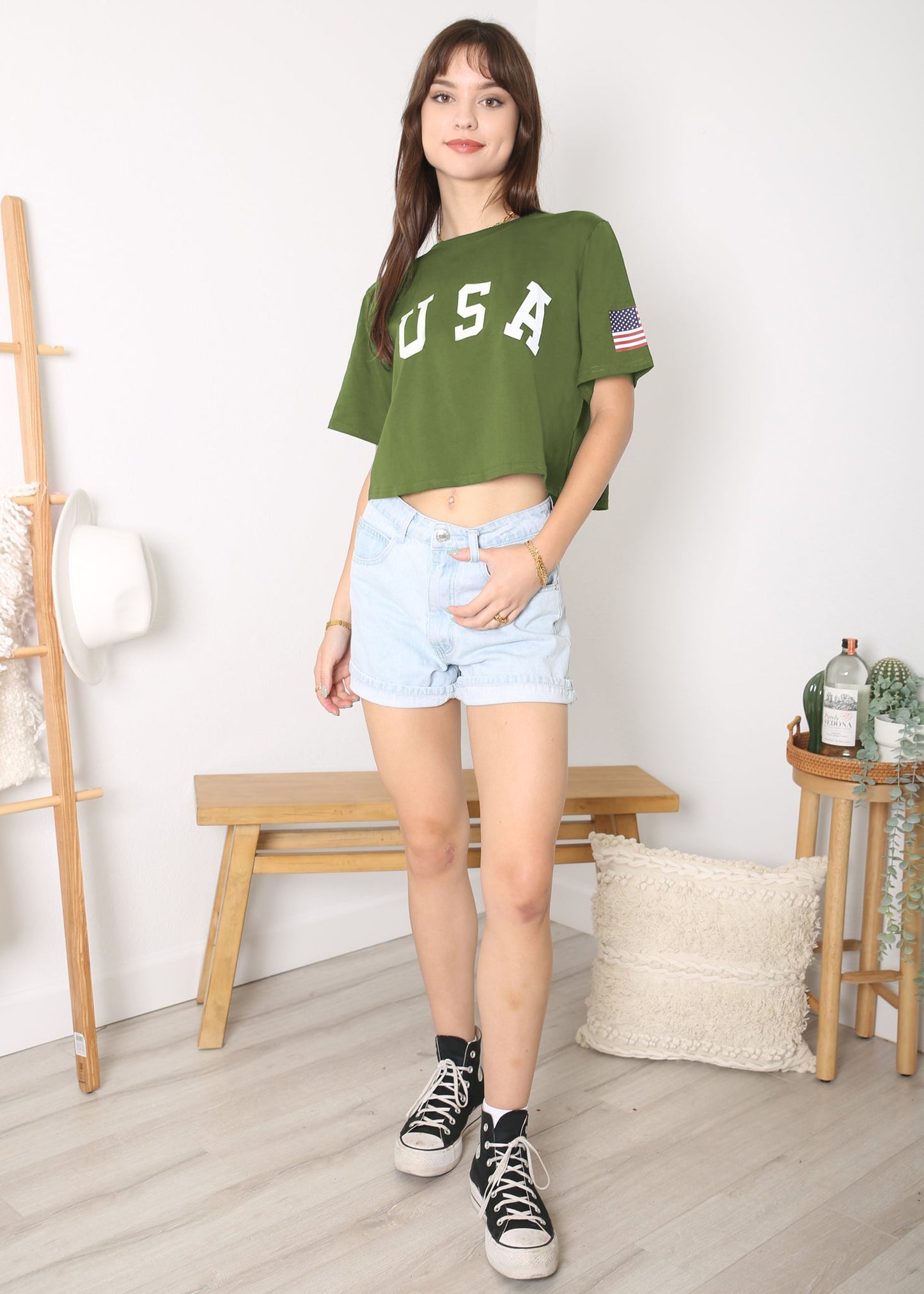 Anna-Kaci Women's Letter Print Crop Top Short Sleeve July 4th USA Flag T-Shirt