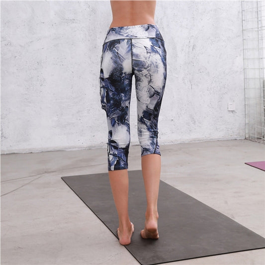 Printed High Waisted Blue White Yoga Gym Stretchy Capri Pants Leggings