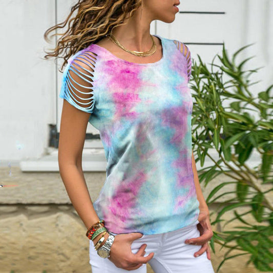 Tie Dye Printed Ripped Short Sleeve Loose Top