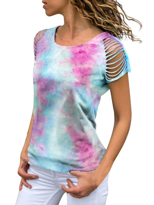 Tie Dye Printed Ripped Short Sleeve Loose Top