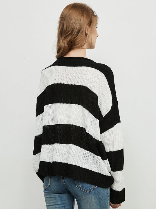 Women Striped Knitted Sweater Crew Neck Long Sleeve Casual Comfy Pullover Tops