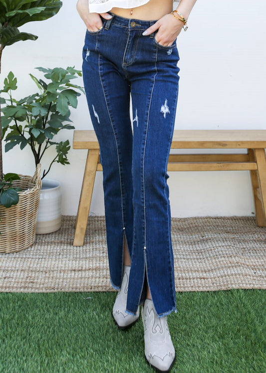 High Waist Distressed Slit Denim Jeans Long Pants with Pockets