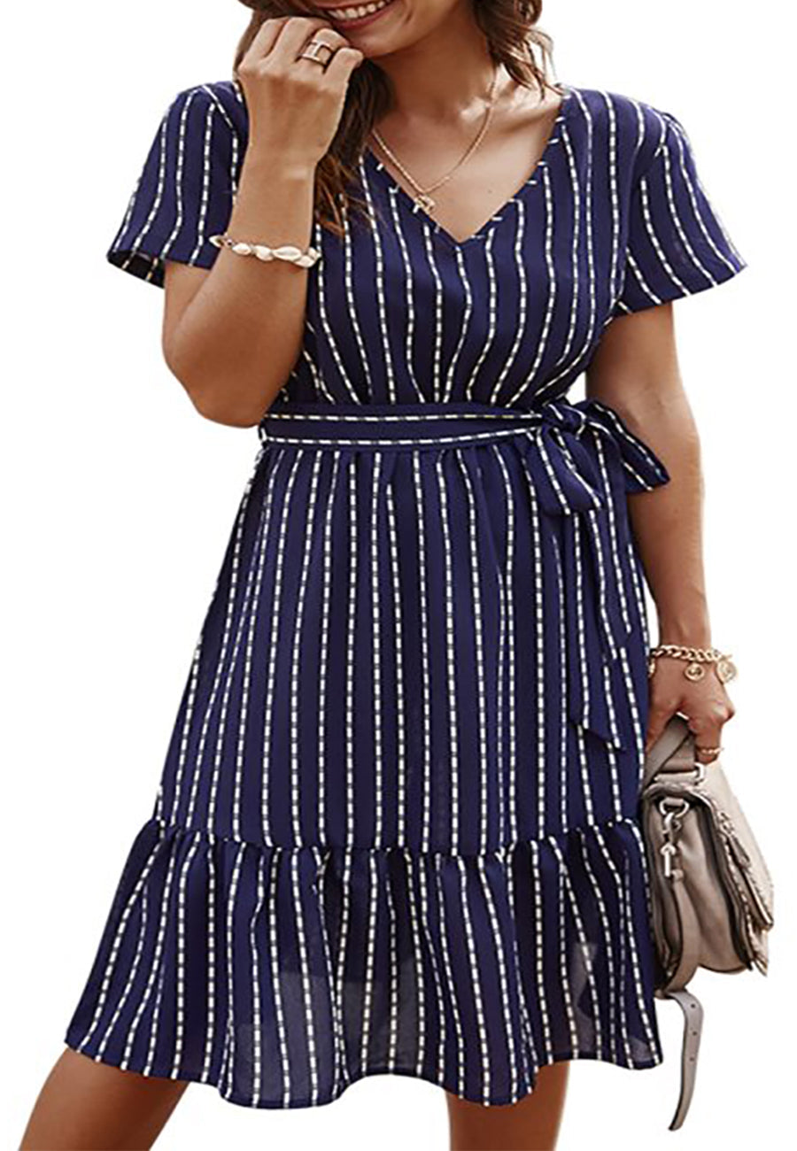 Anna-Kac Vertical Striped Short Sleeve Ruffle Flowy Swing Dress With Belt