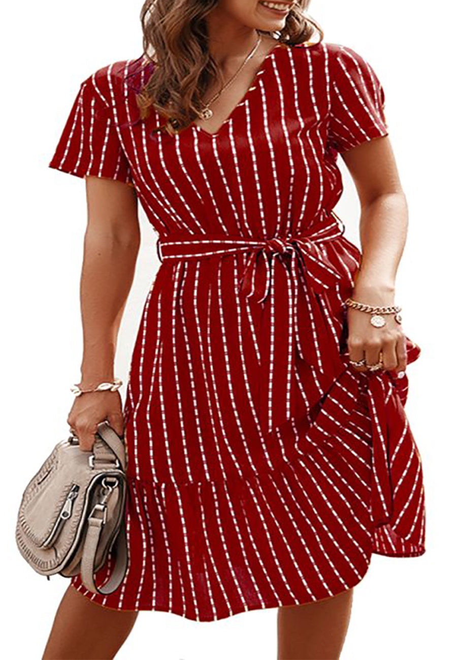 Anna-Kac Vertical Striped Short Sleeve Ruffle Flowy Swing Dress With Belt
