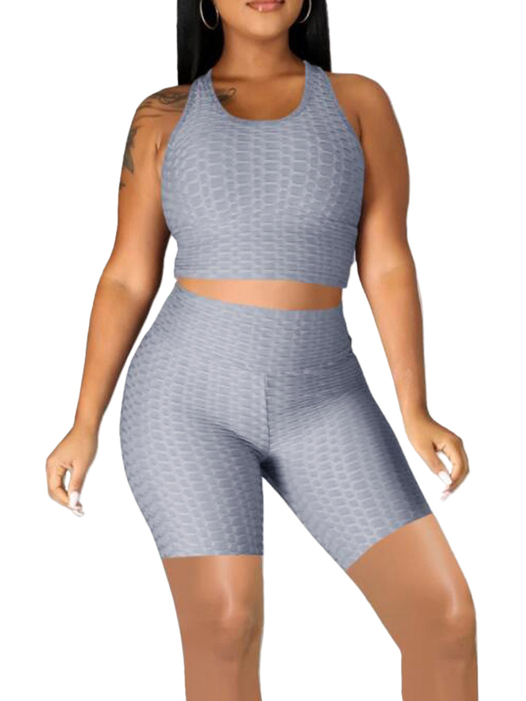 Seamless Yoga Workout Set for Stretchy 2 Piece Outfits Raceback Crop Top High Waist Gym Shorts