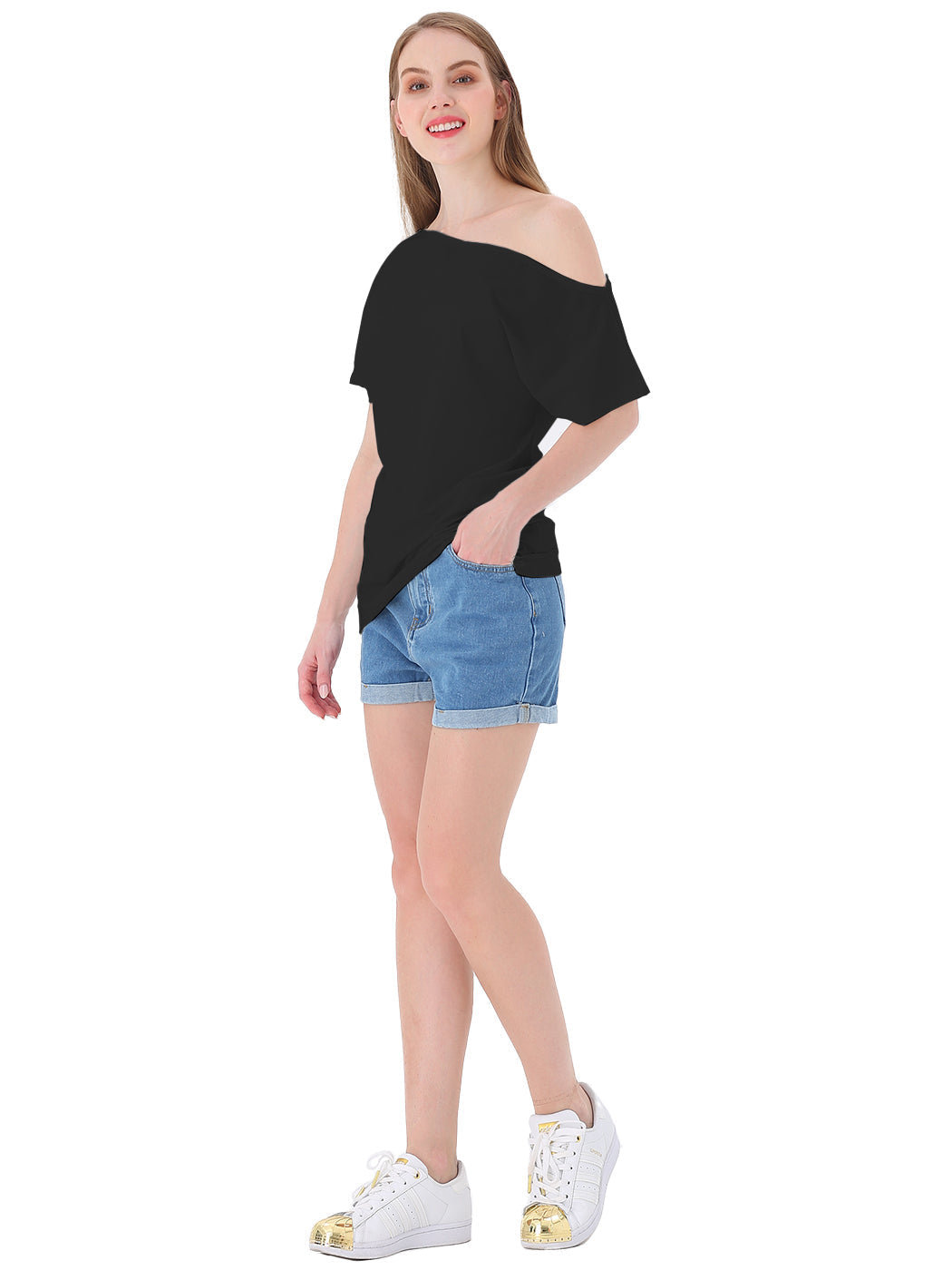 Women's Solid Cotton Stretchy Sexy Off Shoulder Casual T-Shirt Blouse