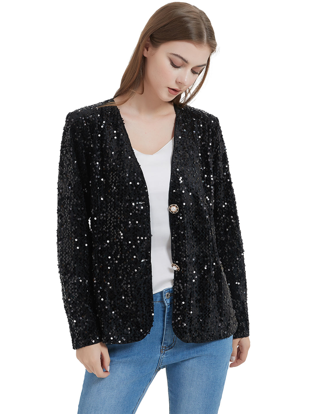 Anna-Kaci Women's Sequins Blazer Cardigan Jacket Open Front Casual Shiny Coat