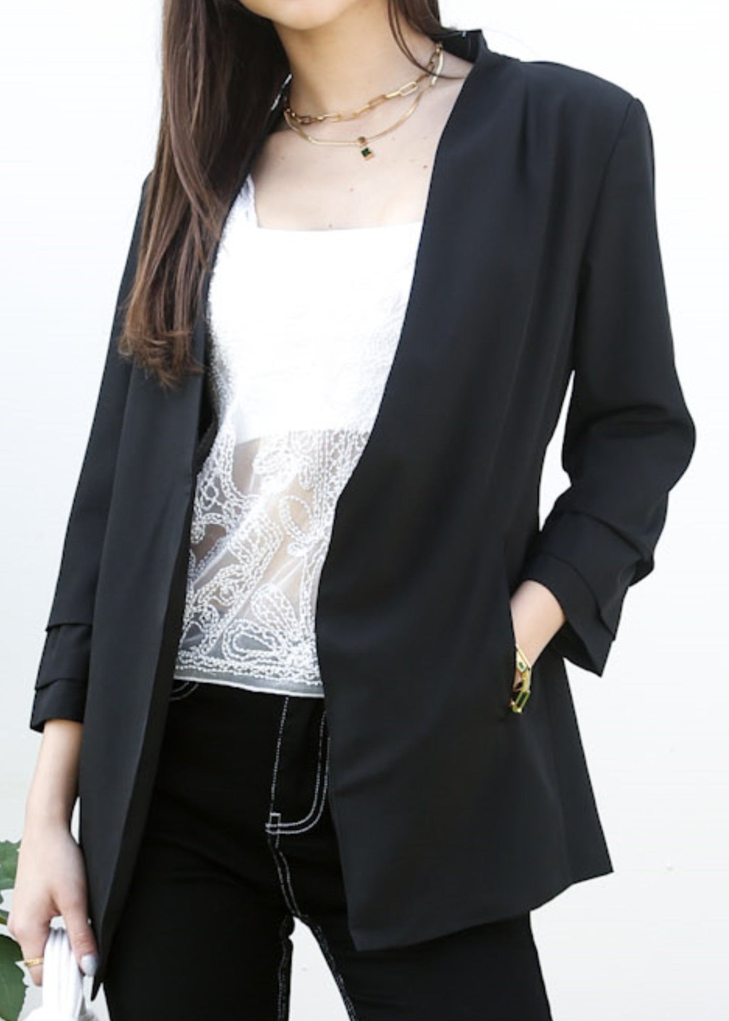 Ruched Open Front Blazer