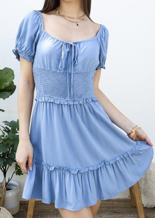 Ruffle Sleeve Drawstring Square Neck Mini Dress