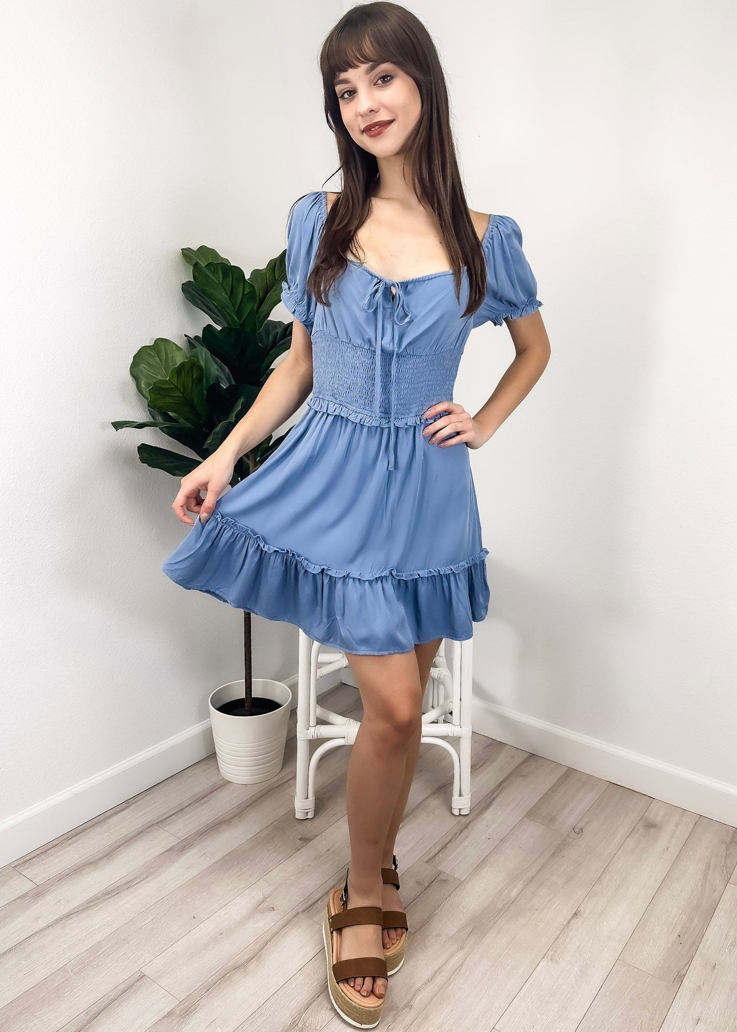 Ruffle Sleeve Drawstring Square Neck Mini Dress