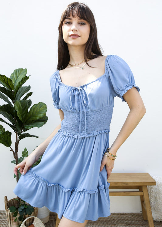 Ruffle Sleeve Drawstring Square Neck Mini Dress