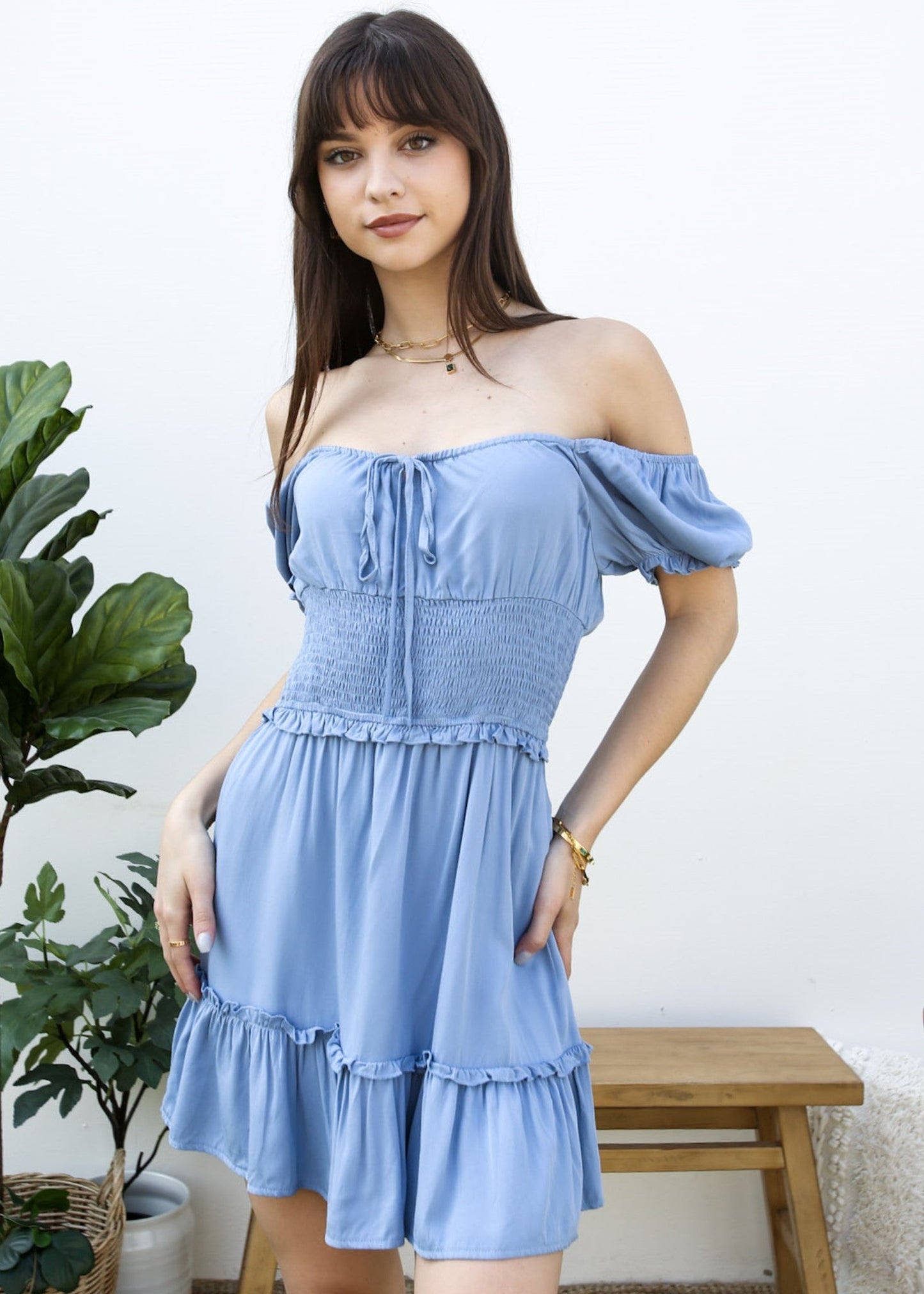 Ruffle Sleeve Drawstring Square Neck Mini Dress