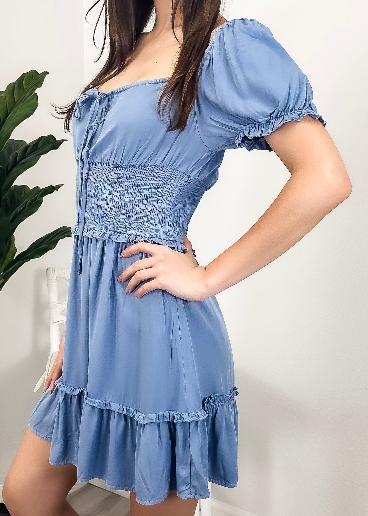 Ruffle Sleeve Drawstring Square Neck Mini Dress