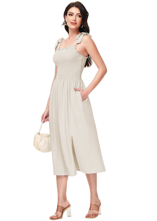 Anna-Kaci Women's Boho Summer Sleeveless Tie Straps Square Neck Smocked Split Midi Dress with Pockets