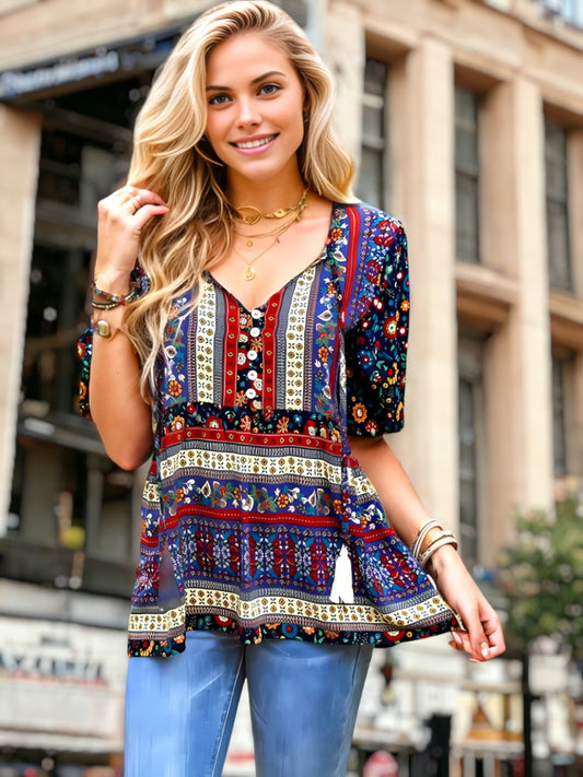 Tassel Tie Neck Puff Sleeve Top