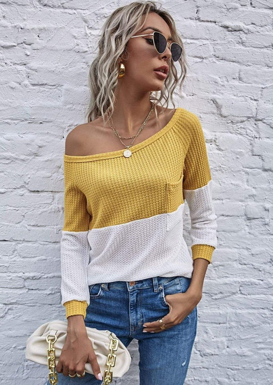 Anna-Kaci Asymmetrical Neck Long Sleeve Solid Color Block Top for Women Large 8-10 / Yellow