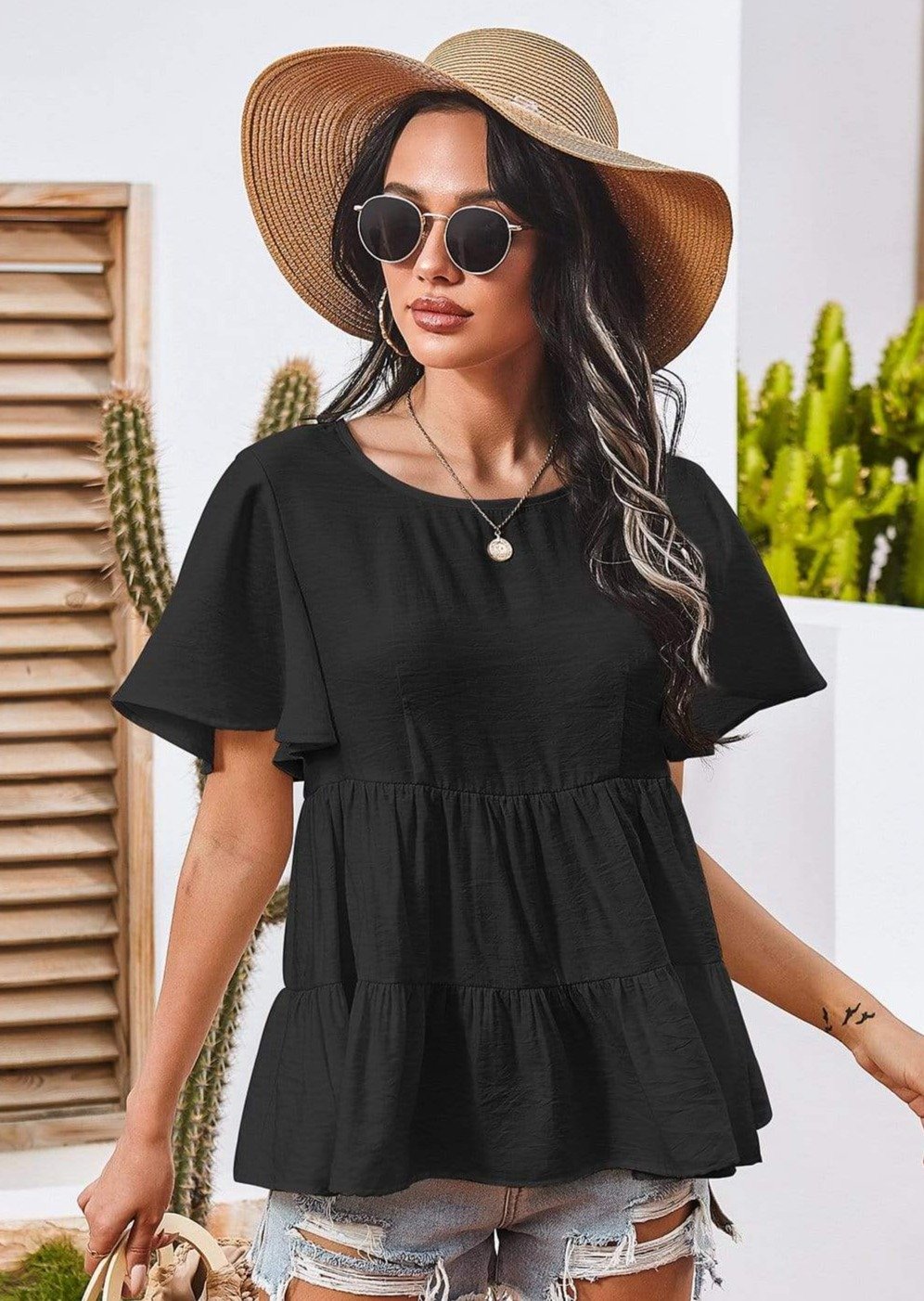 Anna-Kaci Basic Short Sleeve Rufle Tiered Blouse Round Neckline for Women Large 8-10 / Black