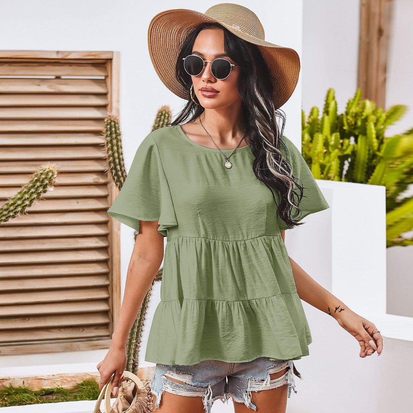 Anna-Kaci Basic Short Sleeve Rufle Tiered Blouse Round Neckline for Women Large 8-10 / Green