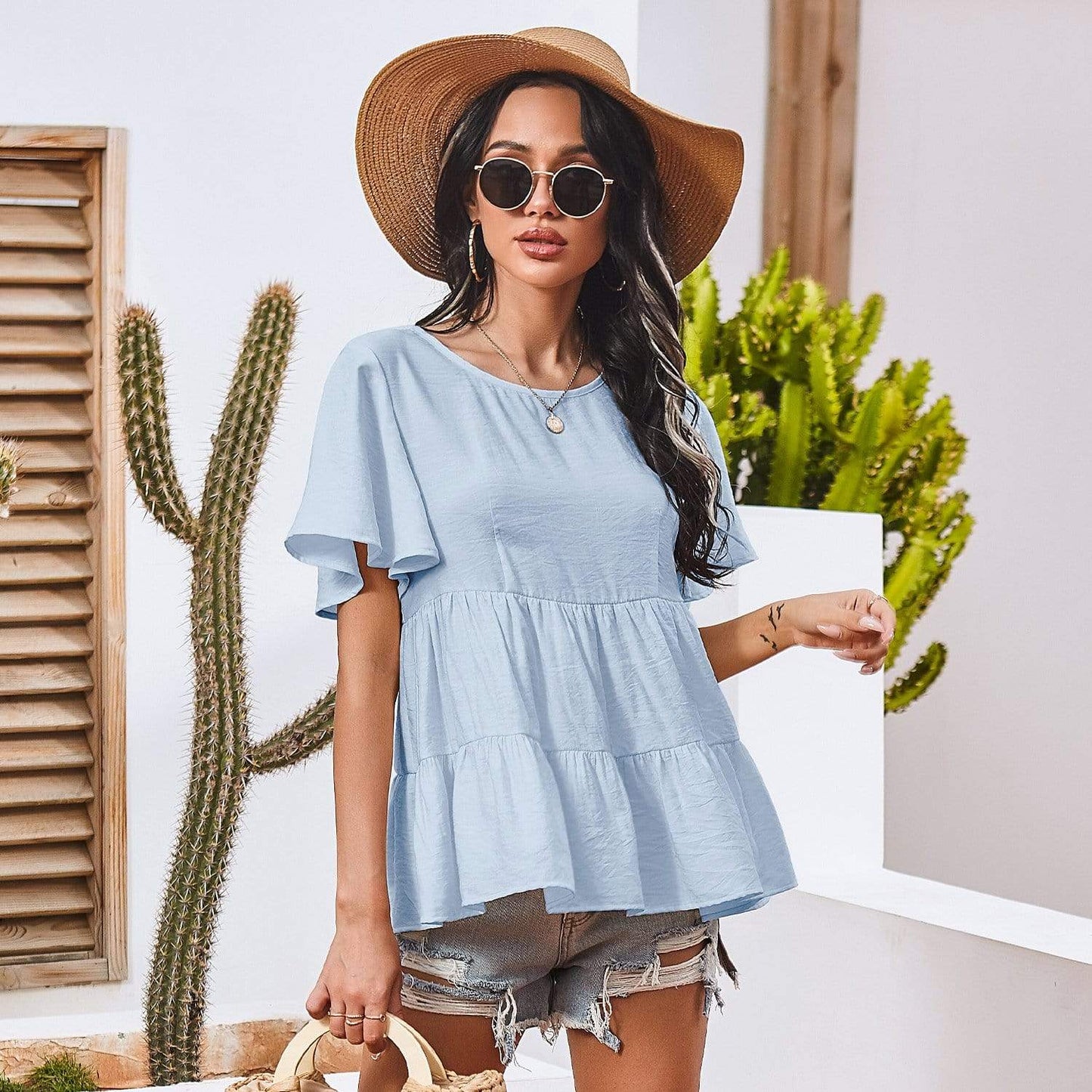 Anna-Kaci Basic Short Sleeve Rufle Tiered Blouse Round Neckline for Women Large 8-10 / LightBlue