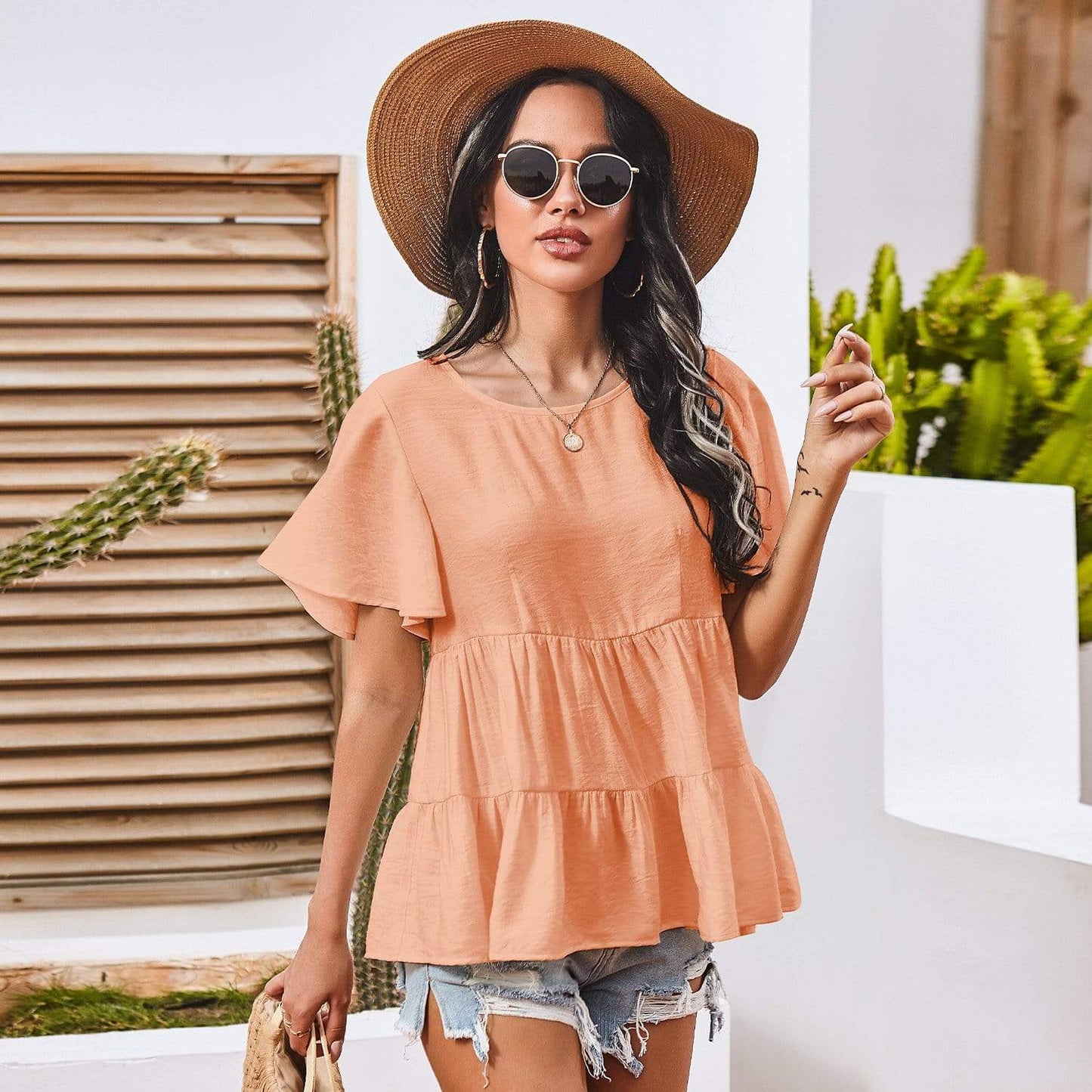 Anna-Kaci Basic Short Sleeve Rufle Tiered Blouse Round Neckline for Women Large 8-10 / Orange