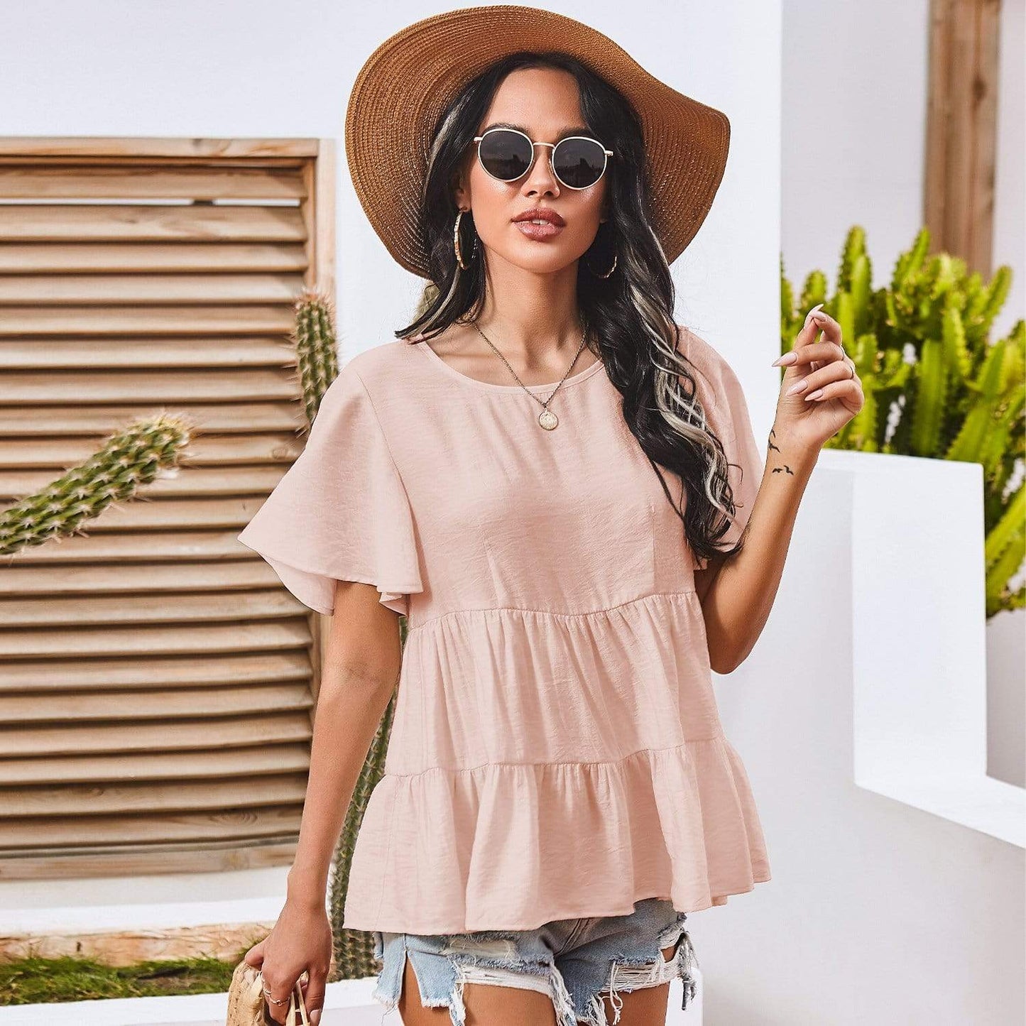Anna-Kaci Basic Short Sleeve Rufle Tiered Blouse Round Neckline for Women Large 8-10 / Pink
