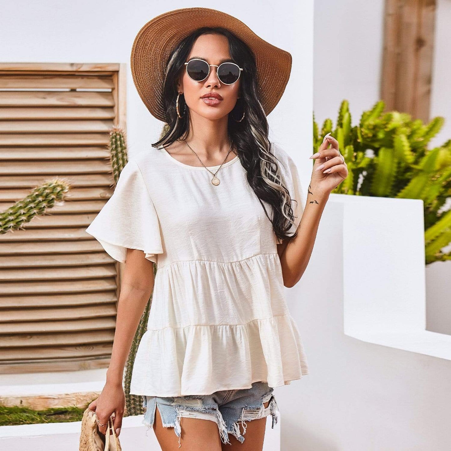 Anna-Kaci Basic Short Sleeve Rufle Tiered Blouse Round Neckline for Women Large 8-10 / White