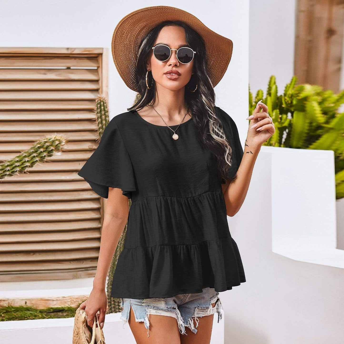 Anna-Kaci Basic Short Sleeve Rufle Tiered Blouse Round Neckline for Women