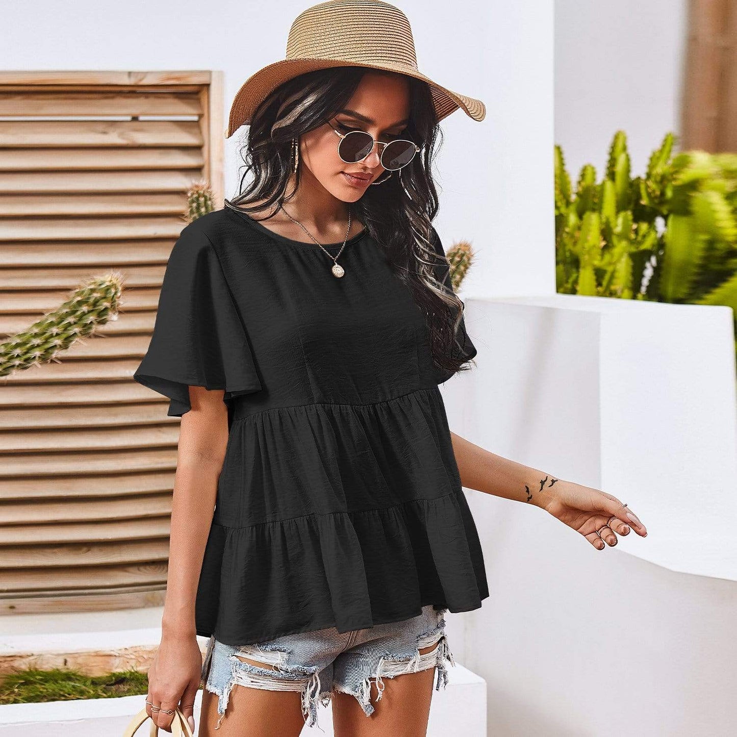 Anna-Kaci Basic Short Sleeve Rufle Tiered Blouse Round Neckline for Women