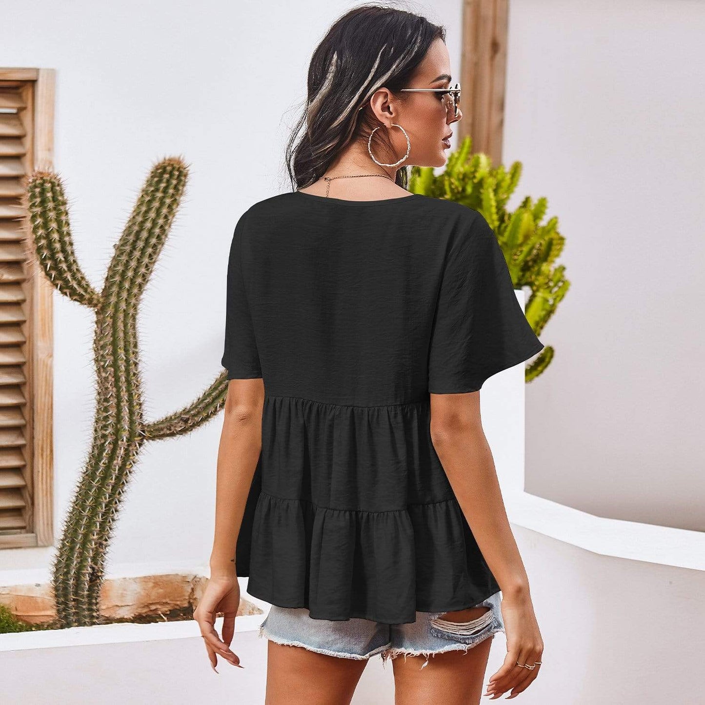 Anna-Kaci Basic Short Sleeve Rufle Tiered Blouse Round Neckline for Women
