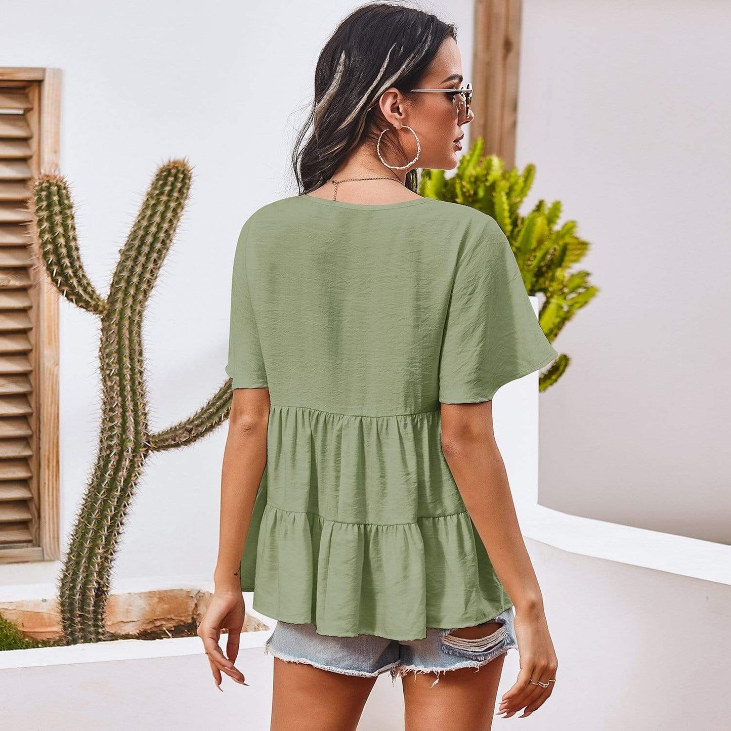 Anna-Kaci Basic Short Sleeve Rufle Tiered Blouse Round Neckline for Women