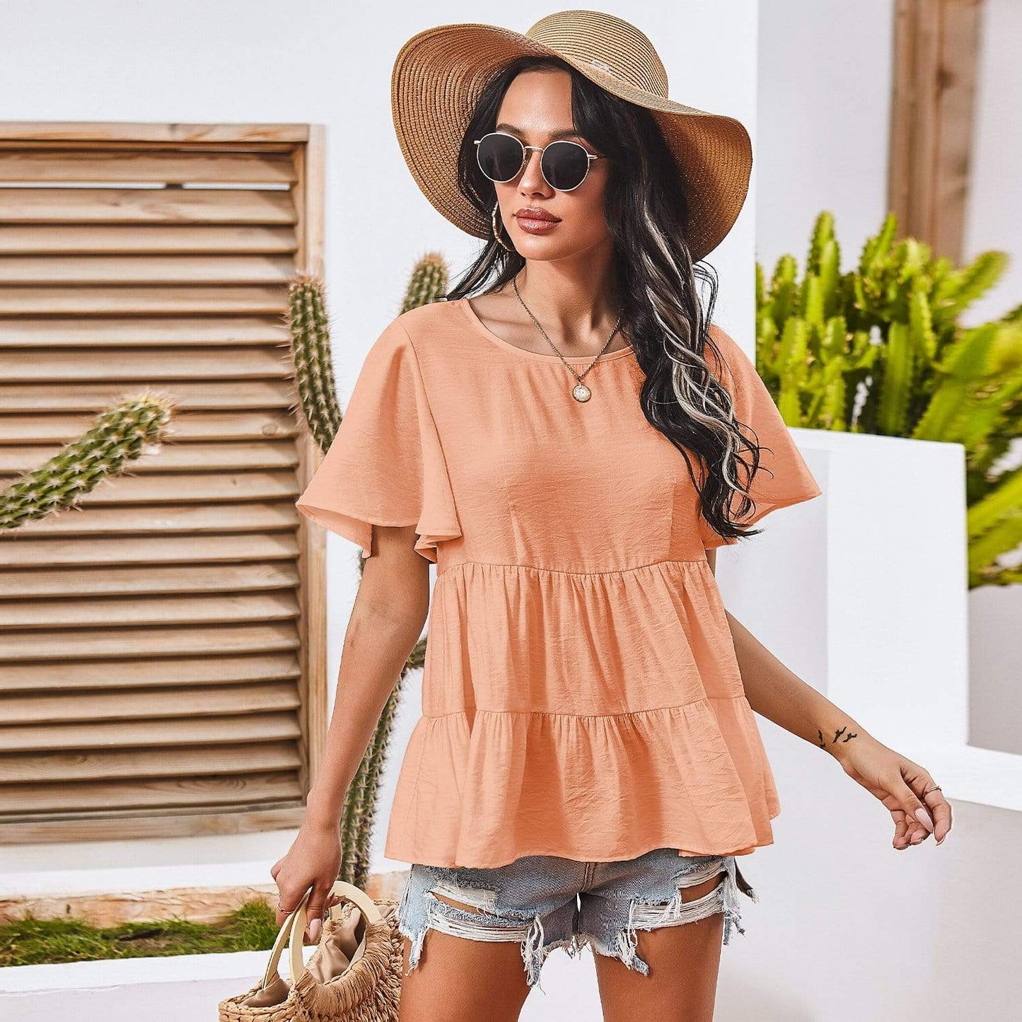 Anna-Kaci Basic Short Sleeve Rufle Tiered Blouse Round Neckline for Women