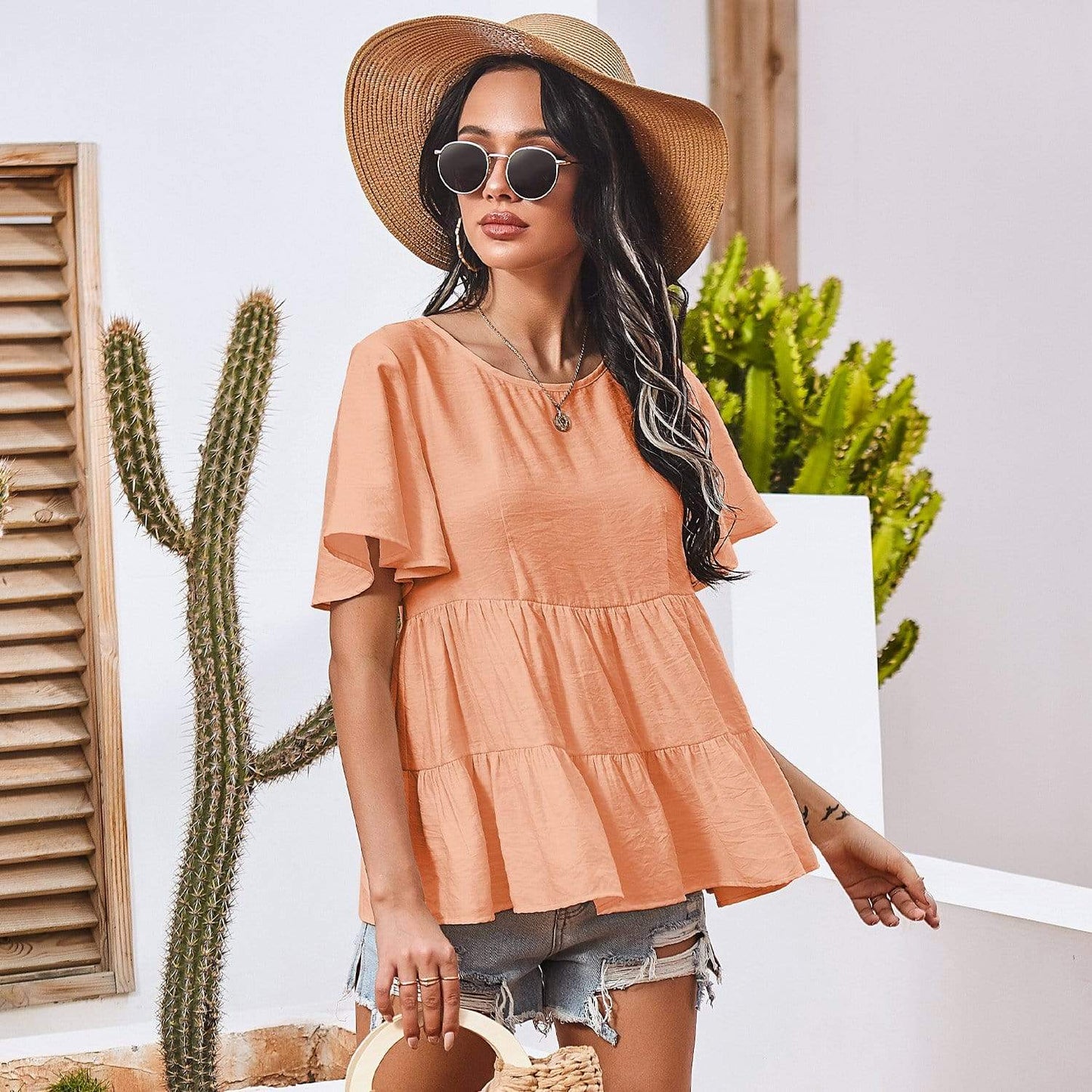 Anna-Kaci Basic Short Sleeve Rufle Tiered Blouse Round Neckline for Women