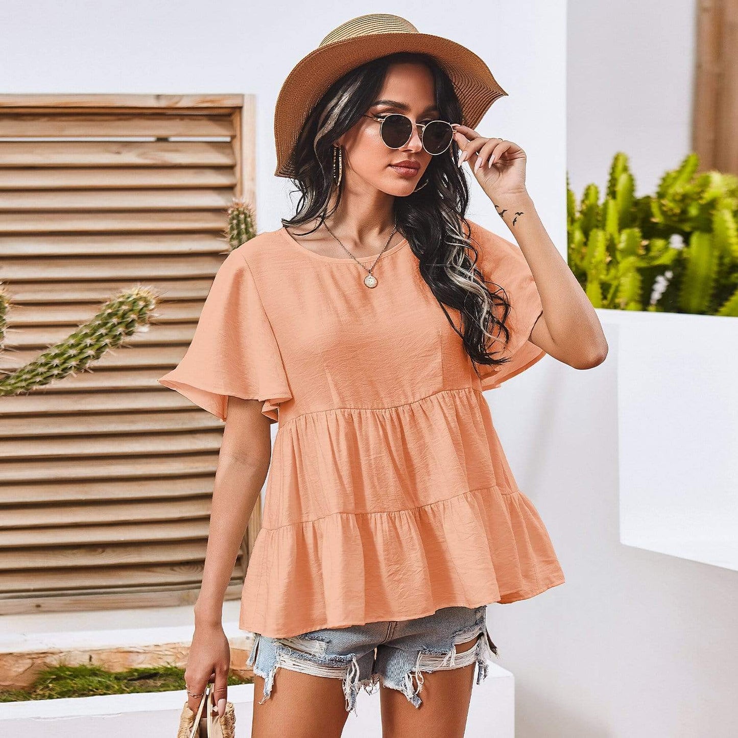 Anna-Kaci Basic Short Sleeve Rufle Tiered Blouse Round Neckline for Women