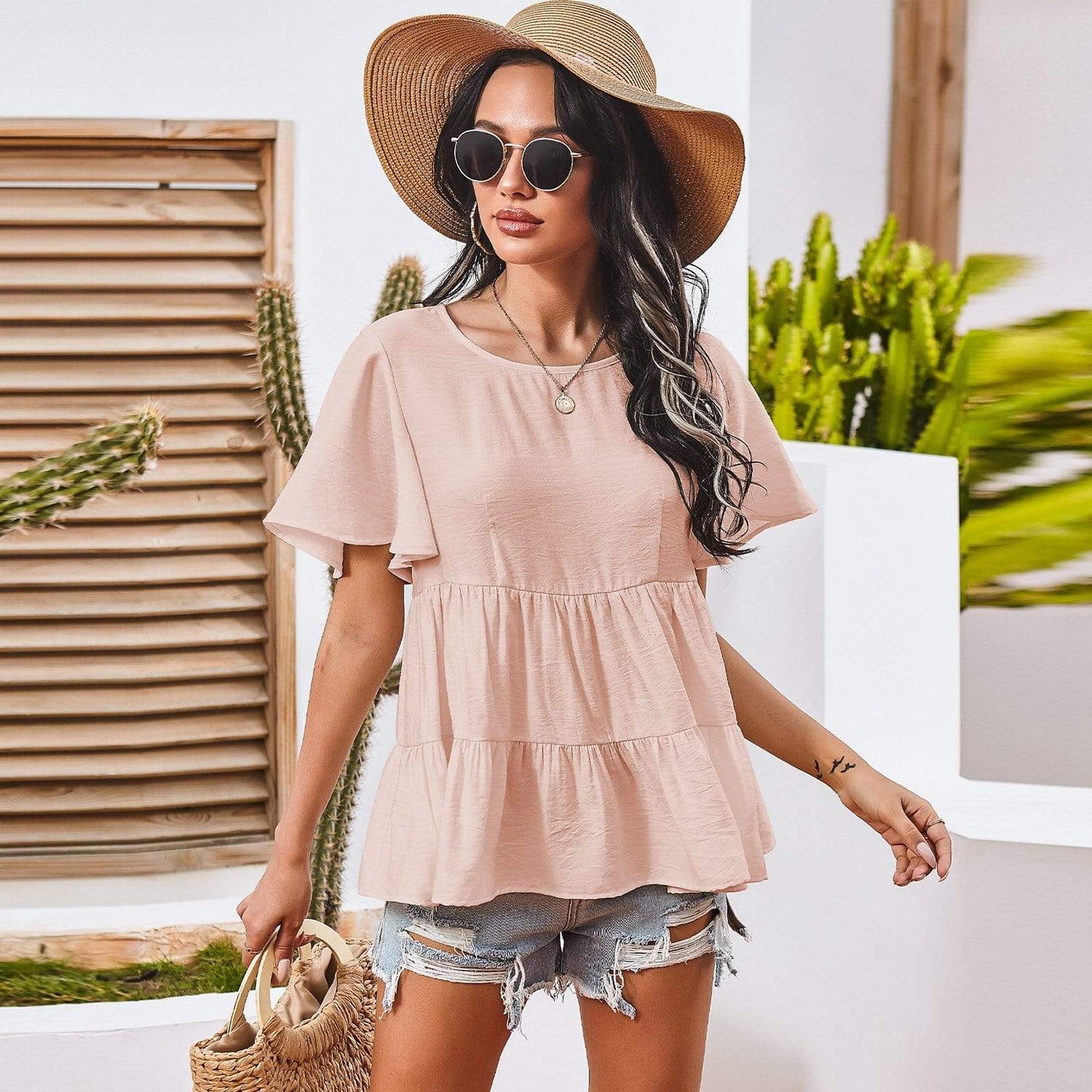 Anna-Kaci Basic Short Sleeve Rufle Tiered Blouse Round Neckline for Women