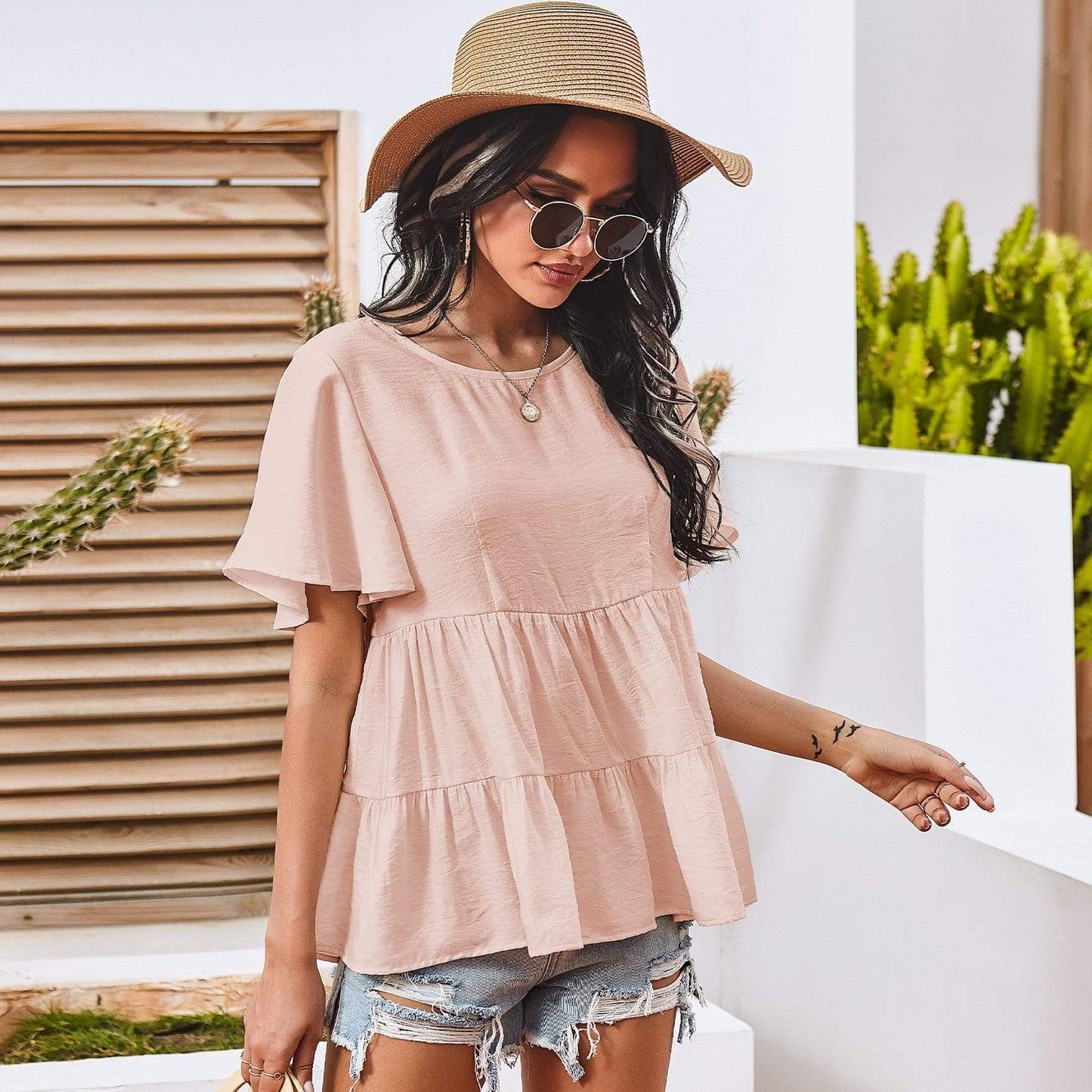 Anna-Kaci Basic Short Sleeve Rufle Tiered Blouse Round Neckline for Women