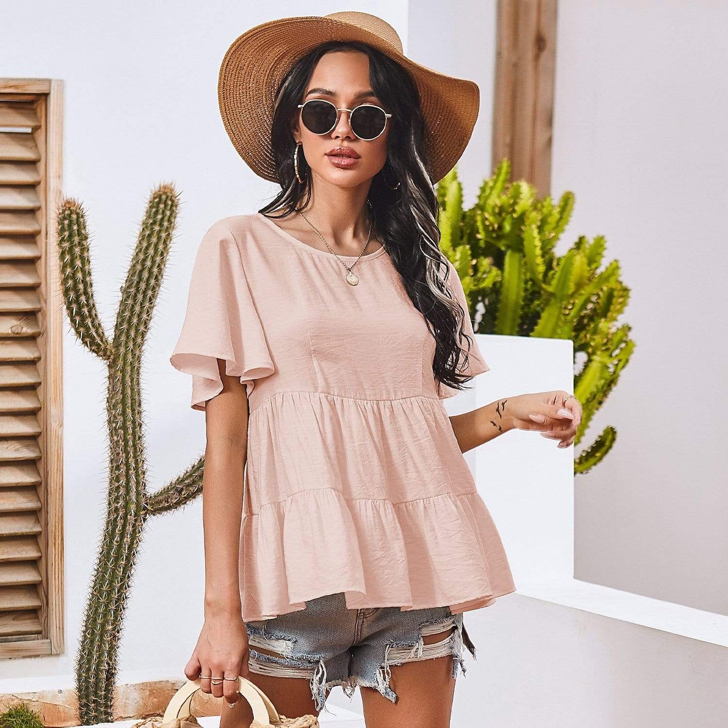 Anna-Kaci Basic Short Sleeve Rufle Tiered Blouse Round Neckline for Women