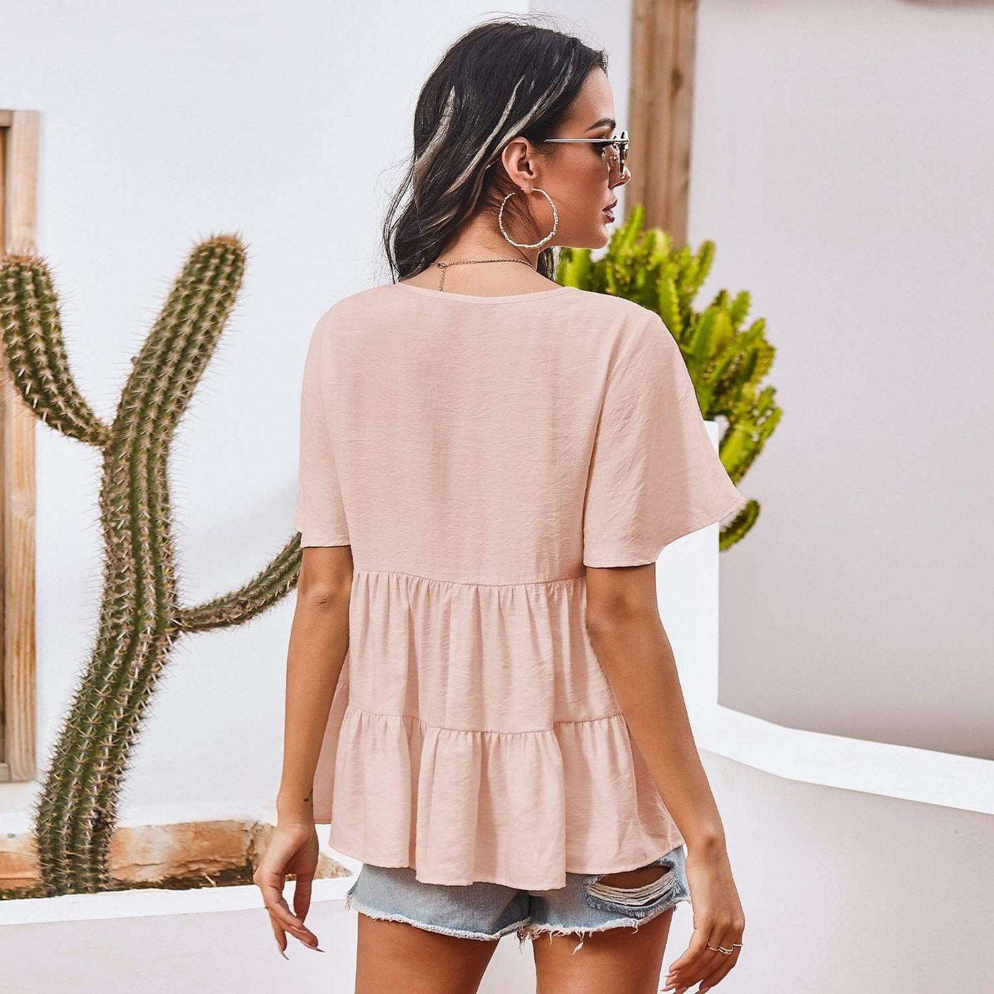 Anna-Kaci Basic Short Sleeve Rufle Tiered Blouse Round Neckline for Women