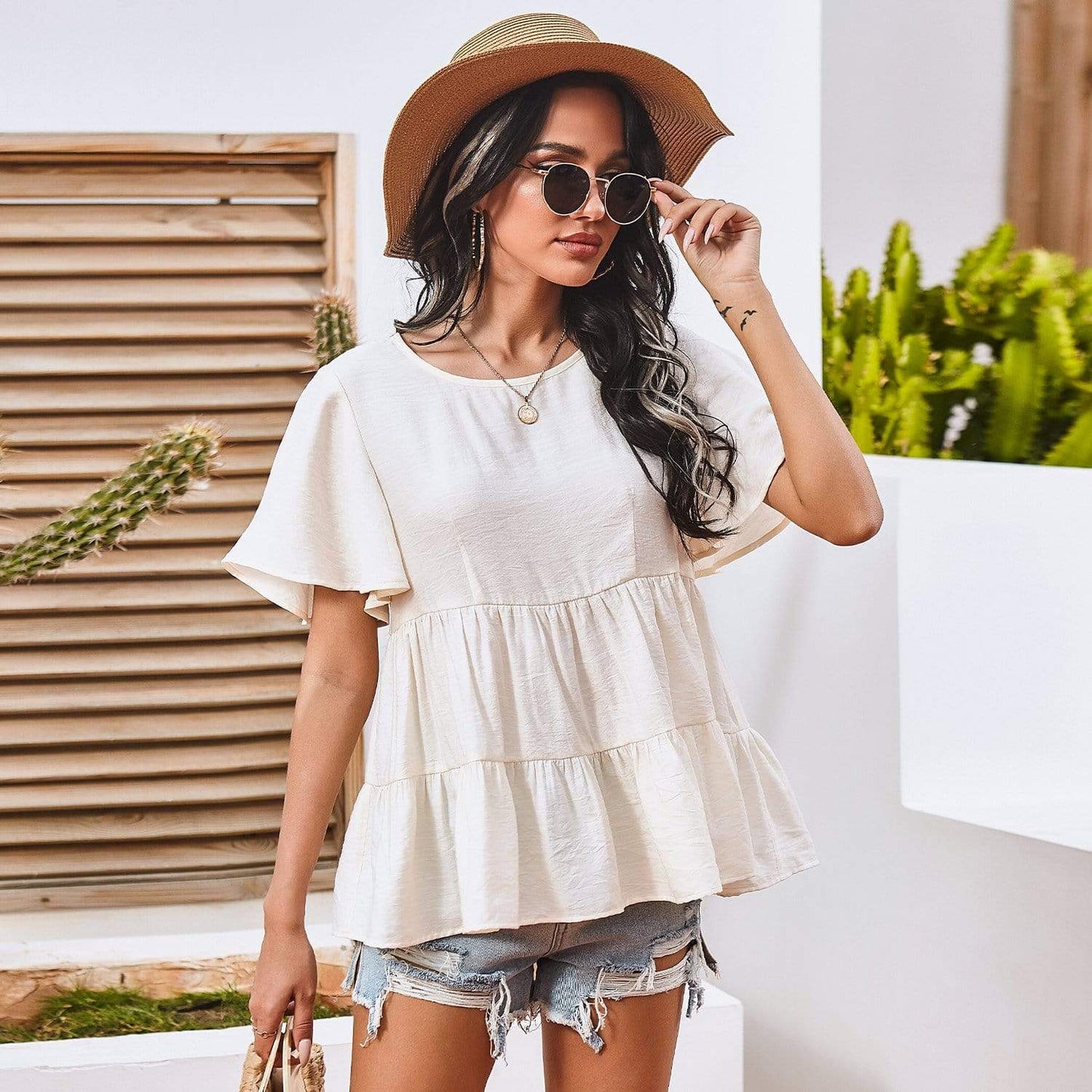 Anna-Kaci Basic Short Sleeve Rufle Tiered Blouse Round Neckline for Women