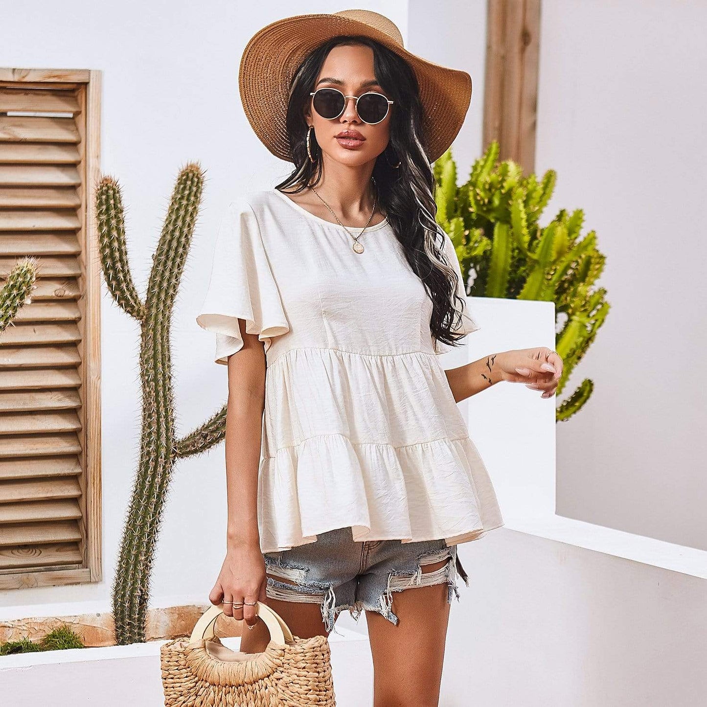 Anna-Kaci Basic Short Sleeve Rufle Tiered Blouse Round Neckline for Women