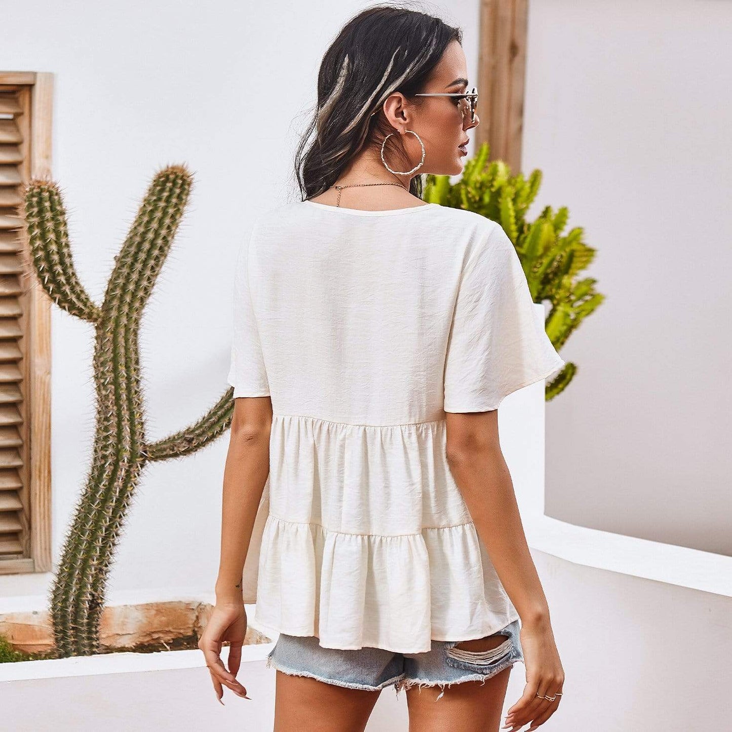 Anna-Kaci Basic Short Sleeve Rufle Tiered Blouse Round Neckline for Women