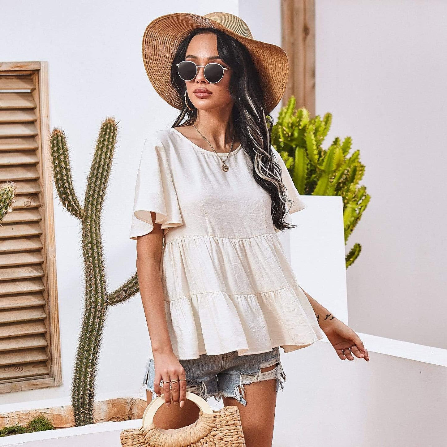 Anna-Kaci Basic Short Sleeve Rufle Tiered Blouse Round Neckline for Women
