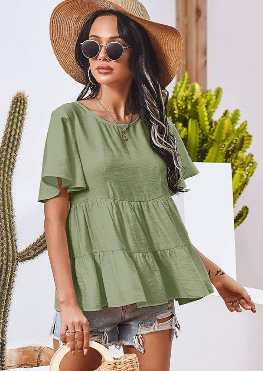 Anna-Kaci Basic Short Sleeve Rufle Tiered Blouse Round Neckline for Women