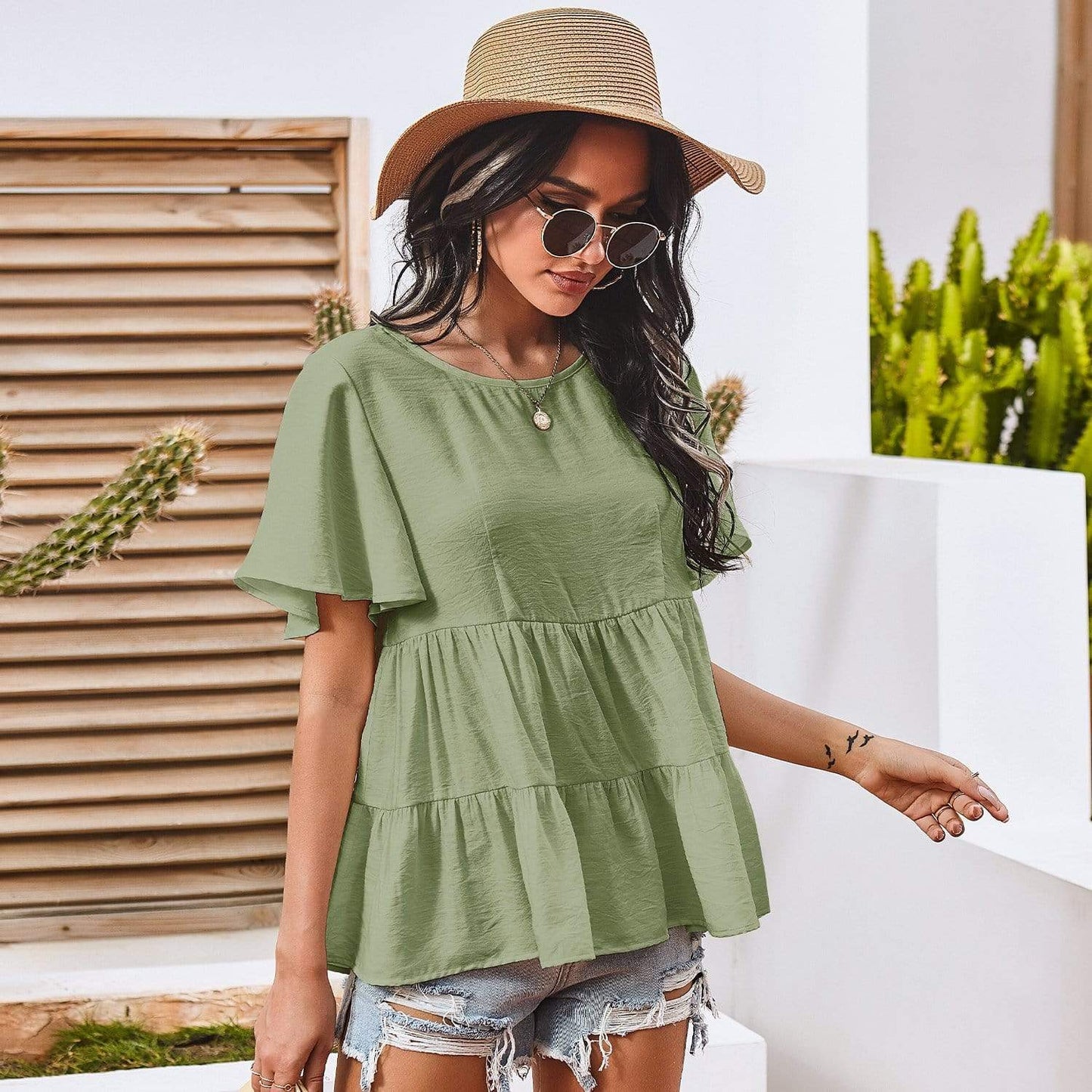 Anna-Kaci Basic Short Sleeve Rufle Tiered Blouse Round Neckline for Women