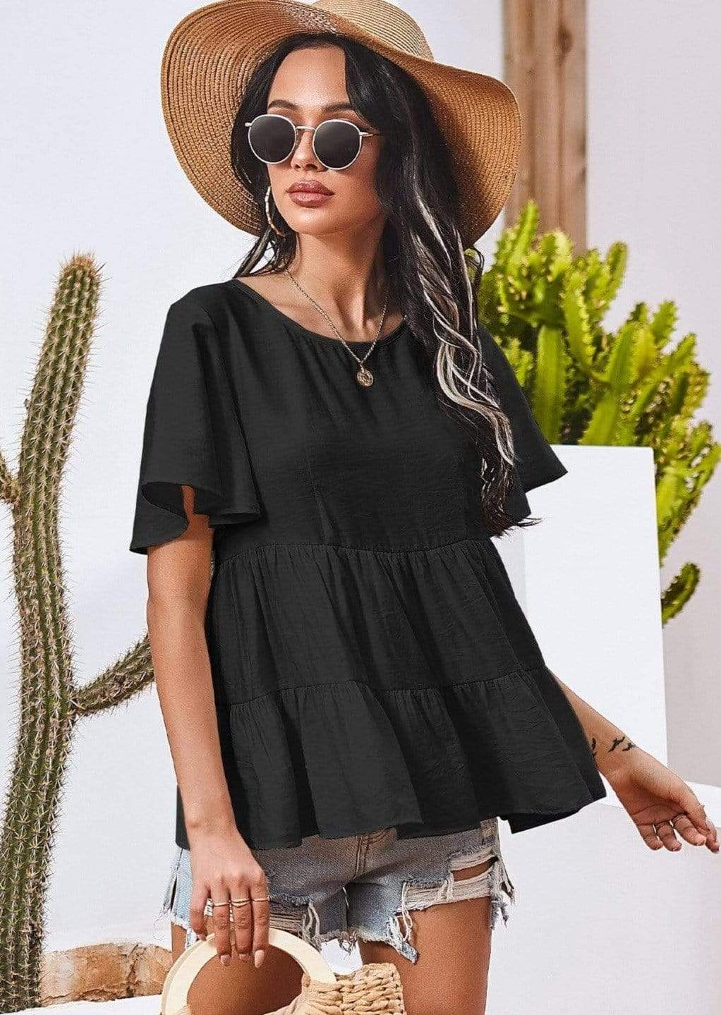 Anna-Kaci Basic Short Sleeve Rufle Tiered Blouse Round Neckline for Women