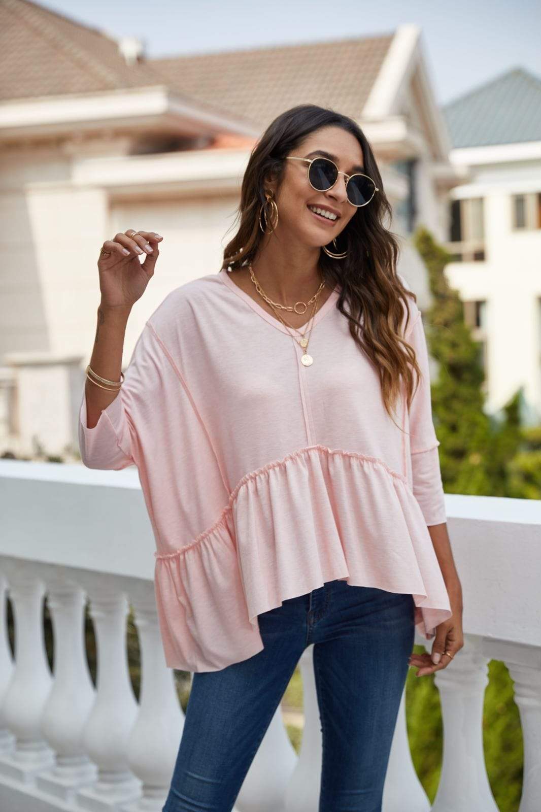 Anna-Kaci Batwing Short Sleeve Ruffle Flare Blouse for Women