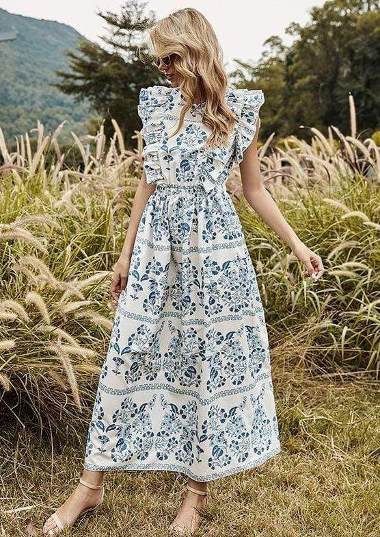 Anna-Kaci Blue Ivory Floral Print Open Back Ruffle Maxi Dress for Women