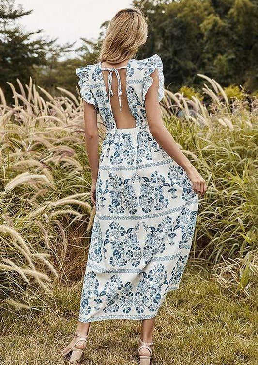 Anna-Kaci Blue Ivory Floral Print Open Back Ruffle Maxi Dress for Women